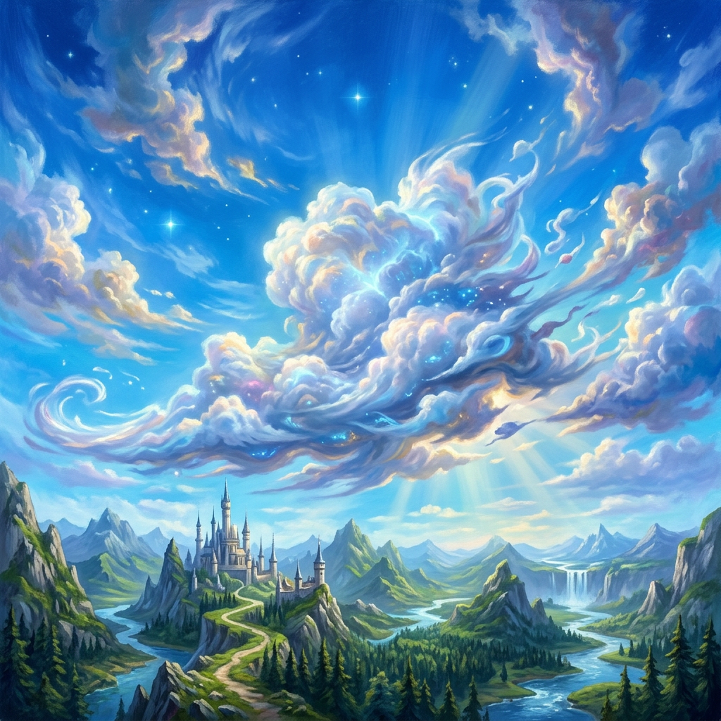 Castle on mountain path with glowing magical clouds and starry sky